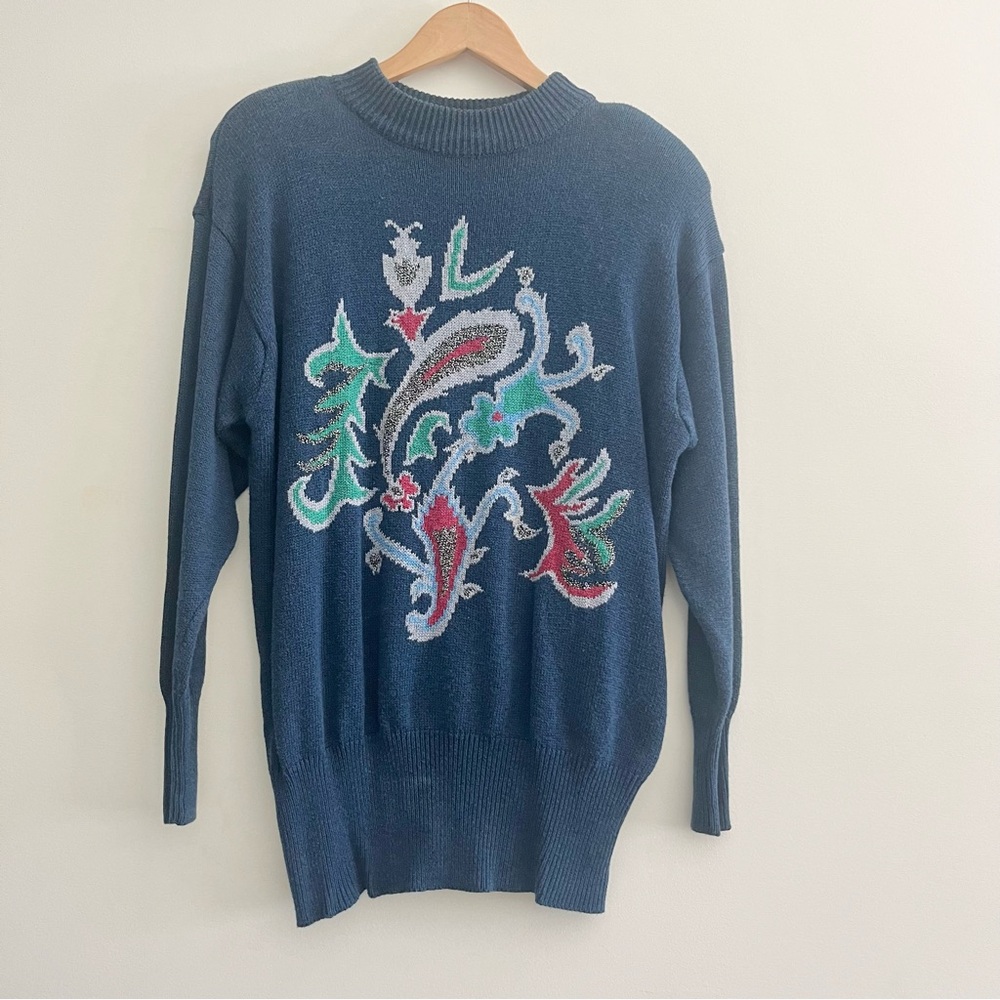 Vintage 80s Liz Claiborne Oversized Sweater w Paisley Design Shoulder Pads L